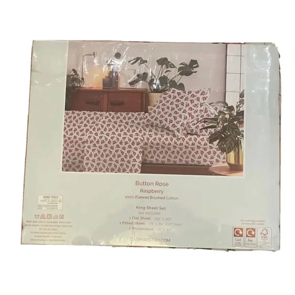 Cath Kidston King Sheet Set Button Rose Raspberry 100% Flannel Brushed Cotton